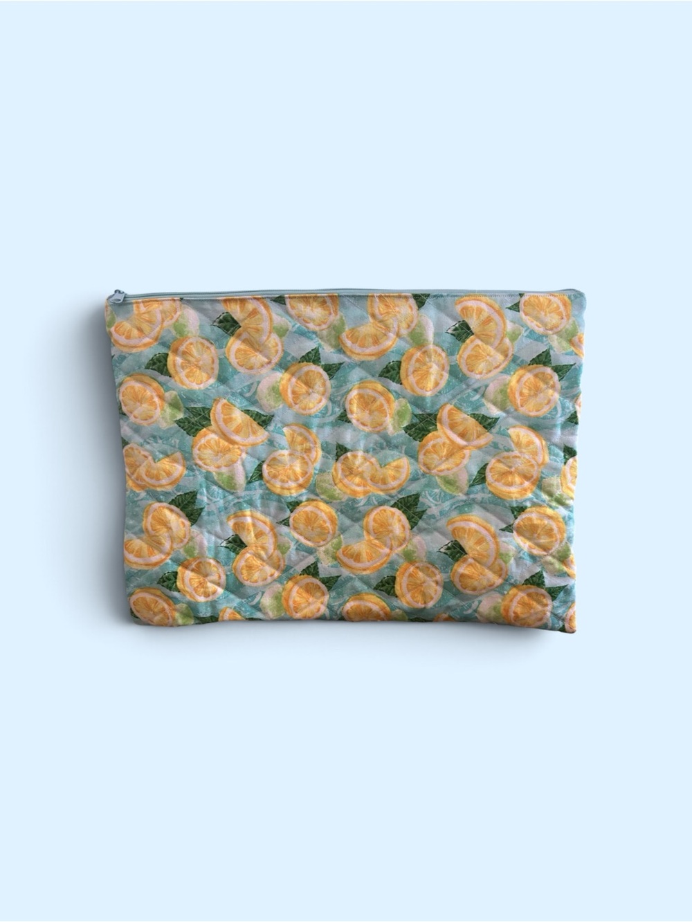 Hand Crafted Citrus Quilted Laptop Pouch in Blue and Yellow